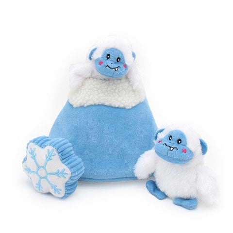 ZippyPaws Holiday Burrow Yeti Mountain – interactief kerst-verstopspeelgoed voor honden, pluche besneeuwde berg met twee piepende yeti’s en een sneeuwvlokje