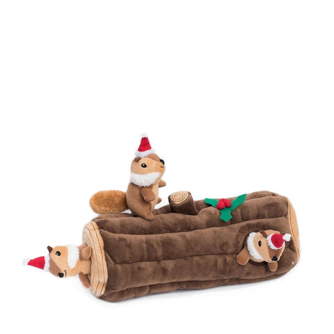 ZippyPaws Holiday Burrow Yule Log with Chipmunks – interactief verstop- en snuffelspeelgoed voor honden, pluche boomstam met drie piepende eekhoorntjes met kerstmuts