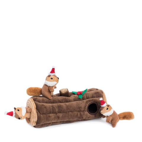 ZippyPaws Holiday Burrow Yule Log with Chipmunks – interactief verstop- en snuffelspeelgoed voor honden, pluche boomstam met drie piepende eekhoorntjes met kerstmuts