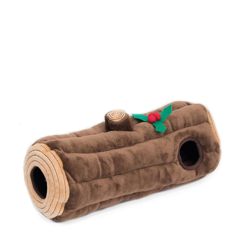 Pluche boomstam van ZippyPaws Holiday Burrow Yule Log with Chipmunks – interactief hondenspeelgoed met openingen om de drie eekhoorntjes in te verstoppen