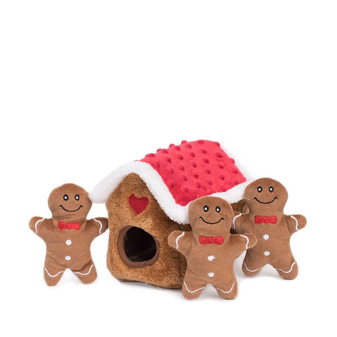 ZippyPaws Holiday Burrow Gingerbread House – interactief verstop- en snuffelspeelgoed voor honden, pluche peperkoekhuisje met drie piepende peperkoekmannetjes