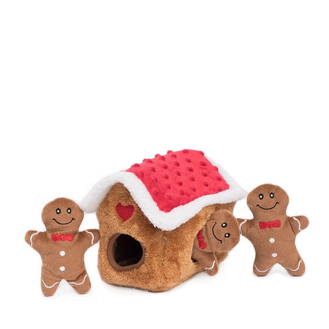 ZippyPaws Holiday Burrow Gingerbread House – interactief verstop- en snuffelspeelgoed voor honden, pluche peperkoekhuisje met drie piepende peperkoekmannetjes