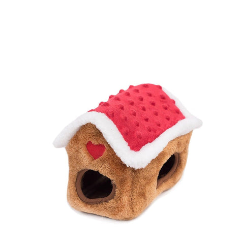 Pluche peperkoekhuisje van ZippyPaws Holiday Burrow Gingerbread House – interactief hondenspeelgoed met openingen om de drie gingerbread mannetjes in te verstoppen