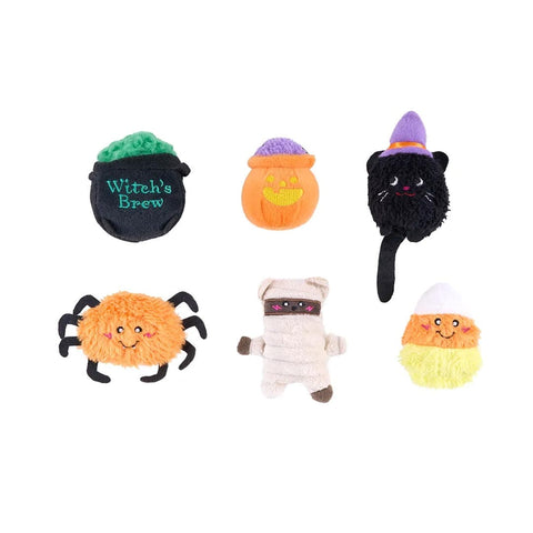 ZippyPaws Miniz 6-Pack Halloween Haunts – set van 6 pluche hondenspeeltjes met pieper (heksenketel, spin, trick or treat-mandje, candy corn-snoepje, mummiebeer en heksenkat)