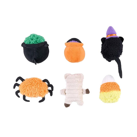 ZippyPaws Miniz 6-Pack Halloween Haunts – set van 6 pluche hondenspeeltjes met pieper (heksenketel, spin, trick or treat-mandje, candy corn-snoepje, mummiebeer en heksenkat)