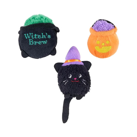 ZippyPaws Miniz 6-Pack Halloween Haunts – 3 van de 6 pluche hondenspeeltjes met pieper (heksenketel, trick or treat-mandje en heksenkat)