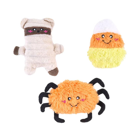 ZippyPaws Miniz 6-Pack Halloween Haunts – 3 van de 6 pluche hondenspeeltjes met pieper (spin, candy corn-snoepje en mummiebeer)