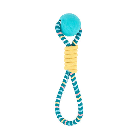 ZippyPaws Razzle Rope Tugger – vrolijk gekleurd hondenspeeltje in de vorm van een speeltouw met een lusvormig handvat en een stevige blauwe rubberen bal in het midden, geschikt voor trekspelletjes en apporteren