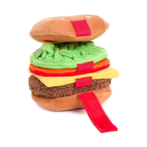 ZippyPaws Snufflerz Stacks Cheeseburger – zijaanzicht van interactief snuffelspeelgoed en intelligentespeelgoed voor mentale stimulatie van honden met opvouwbare lagen en zachte vulling