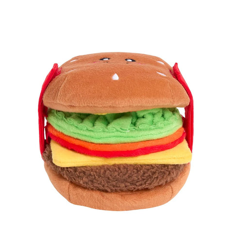 ZippyPaws Snufflerz Stacks Cheeseburger – vooraanzicht van interactief snuffelspeelgoed en intelligentespeelgoed voor mentale stimulatie van honden met opvouwbare lagen en zachte vulling