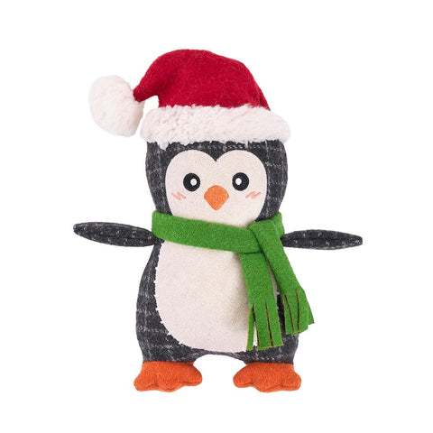ecoZippy Holiday Cotton Cuddler Penguin duurzaam hondenspeeltje – liggende pluche pinguïn met knisperende sjaal en pieper