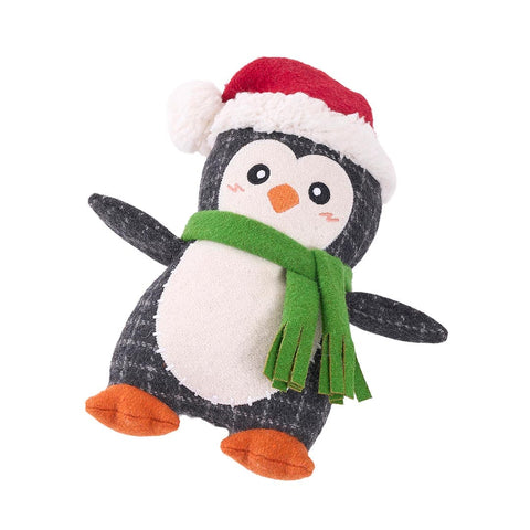 ecoZippy Holiday Cotton Cuddler Penguin pluche kerstspeeltje voor honden – kerstpinguïn met rode muts en groene knisper sjaal