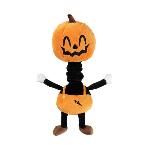 Pluche pompoenfiguur als hondenspeeltje met oranje hoofd, zwarte nek en oranje tuinbroek