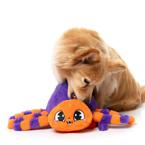 Hond speelt met een paarse pluche spin met lange gestreepte poten