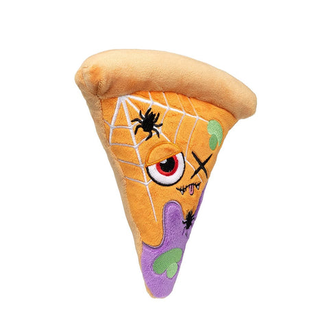 Pluche pizzapunt als hondenspeeltje schuin van voren met spinnenweb en geborduurde details