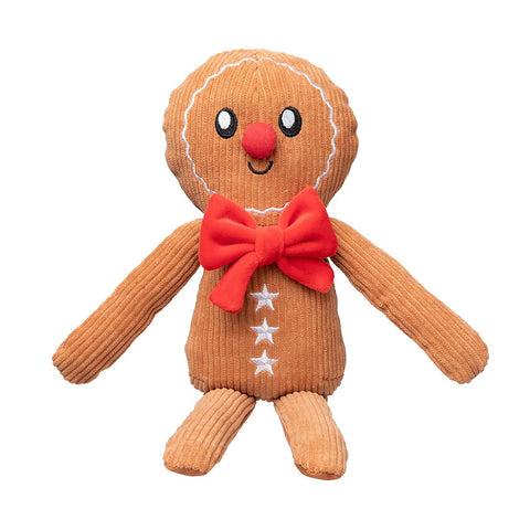 	FuzzYard Gingerbread Man – zacht ribfluwelen hondenspeeltje in peperkoekstijl met feestelijke rode strik