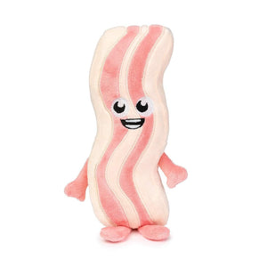 FuzzYard Meat Head Kevin Bacon – voorkant pluche hondenspeeltje in de vorm van een plak bacon met lachend geborduurd gezicht en roze pootjes, uniek & zacht speelgoed voor honden