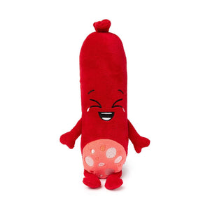 FuzzYard Meat Head Pepper-Toni – voorkant pluche hondenspeeltje in de vorm van een vrolijke salamiworst met lachend geborduurd gezicht en rode armpjes en beentjes, uniek & zacht speelgoed voor honden