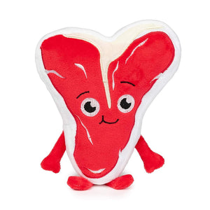 FuzzYard Meat Head Tim Tee-Bowne – voorkant pluche hondenspeeltje in de vorm van een vrolijke BBQ-steak met lachend geborduurd gezicht en rode armpjes en beentjes, uniek & zacht speelgoed voor honden
