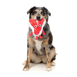 Hond speelt met FuzzYard Meat Head Tim Tee-Bowne – duurzaam pluche hondenspeeltje in de vorm van een vrolijke BBQ-steak met lachend geborduurd gezicht en rode pootjes