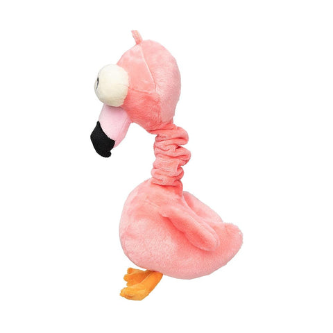 FuzzYard Neck Minnits – Neckole the Flamingo grappig pluche hondenspeeltje met bungelende nek, dubbele piepers en feloranje pootjes