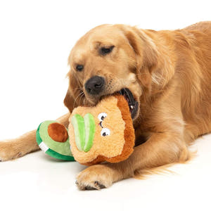 Golden Retriever met FuzzYard Perfect Match Avocado & Toast – pluche set hondenspeeltjes bestaande uit een avocado en een toast met avocadopartjes, beide met vrolijke geborduurde gezichtjes