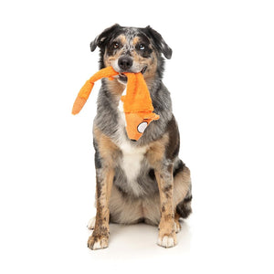 Hond speelt met FuzzYard Yeetz Farewell Fox – pluche hondenspeeltje in de vorm van een vos met geborduurd gezicht, verzwaarde bal in de kop en lang, vullingloos lichaam, ideaal apporteerspeelgoed om te slingeren, gooien en spelen voor honden