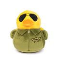 FuzzYard Waddle Squad-dle Goose – pluche hondenspeeltje in de vorm van een gele badeend, verkleed als piloot met een groene jas, zwarte zonnebril en een ster-embleem, knuffelspeelgoed voor honden