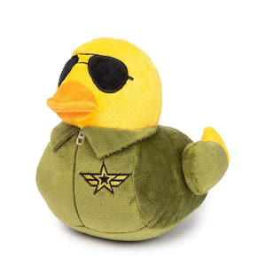 FuzzYard Waddle Squad-dle Goose – pluche hondenspeeltje in de vorm van een gele badeend, verkleed als piloot met een groene jas, zwarte zonnebril en een ster-embleem, knuffelspeelgoed voor honden