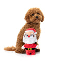 Hond zit naast een pluche kerstman als hondenspeeltje met rood pak en witte baard