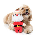 Hond ligt naast een pluche kerstman als hondenspeeltje met rode muts en witte baard