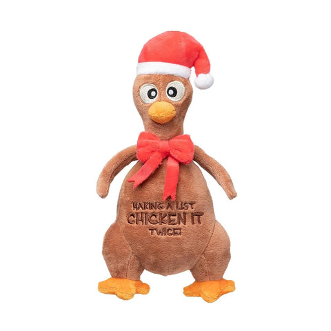 FuzzYard Chicken It Twice Chook – pluche kerst hondenspeeltje in de vorm van een kip met kerstmuts en rode strik, grappig en zacht