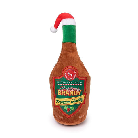 FuzzYard Christmas Brandy – pluche kerst hondenspeeltje in de vorm van een brandy-fles met kerstmuts en rood-groen label