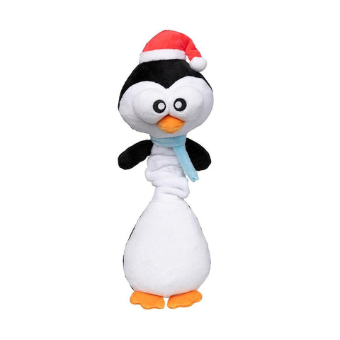 Zwart-witte pluche pinguïn als hondenspeeltje met kerstmuts, blauwe sjaal en oranje poten