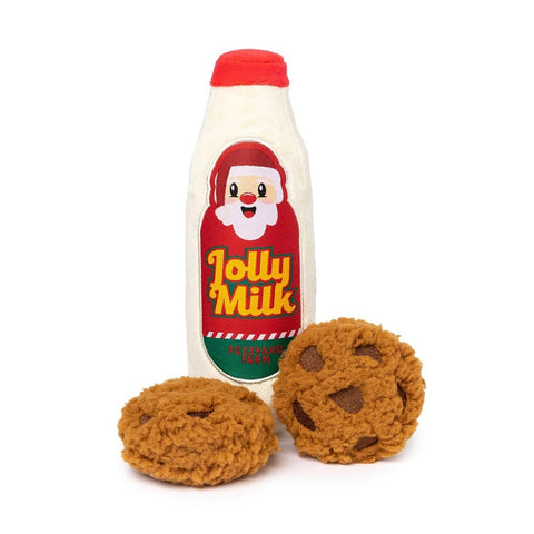 FuzzYard Jolly Milk & Cookies – kerst hondenspeelgoed met pluche melkfles en twee zachte koekjes met pieper