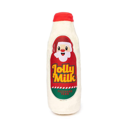 FuzzYard Jolly Milk & Cookies – pluche kerst hondenspeelgoed met melkfles en kerstman op het etiket