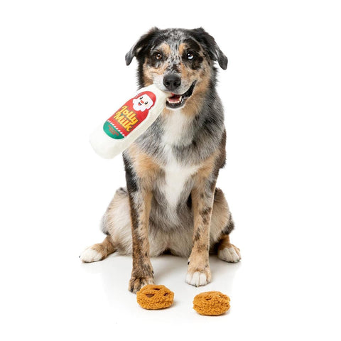 Grote hond met FuzzYard Jolly Milk & Cookies – pluche kerst hondenspeelgoed, melkfles met kerstman