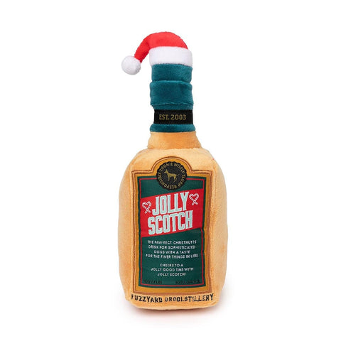 FuzzYard Xmas Jolly Scotch – pluche hondenspeeltje voor kerst, in de vorm van een whiskyfles met kerstmuts en pieper