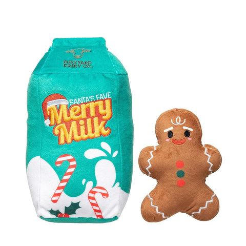 FuzzYard Merry Milk & Gingerbread – pluche kerst hondenspeelgoed set met melkpak en peperkoekmannetje met pieper