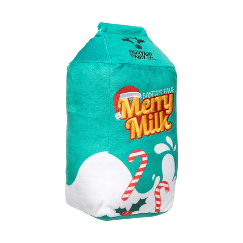FuzzYard Merry Milk & Gingerbread pluche melkpak met opdruk Santa’s Fave Merry Milk en candy canes van FuzzYard Dairy Co.