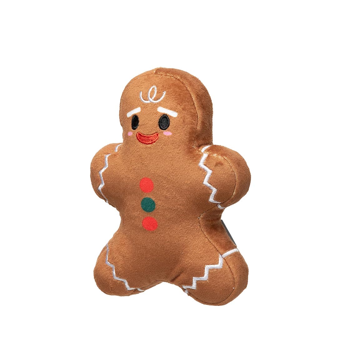 FuzzYard Merry Milk & Gingerbread – pluche gingerbread hondenspeeltje met geborduurde details, rood-groene knoopjes en vrolijke glimlach