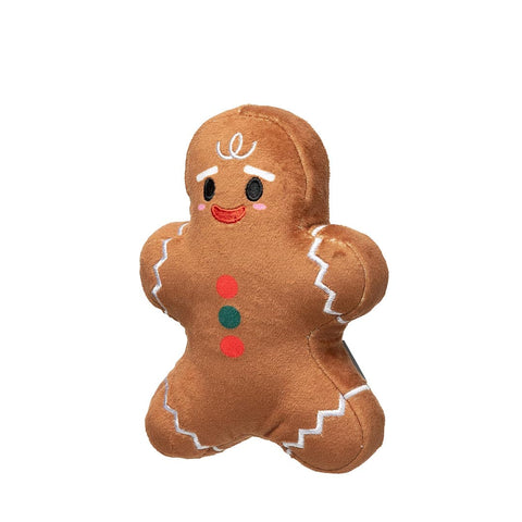 FuzzYard Merry Milk & Gingerbread – pluche gingerbread hondenspeeltje met geborduurde details, rood-groene knoopjes en vrolijke glimlach