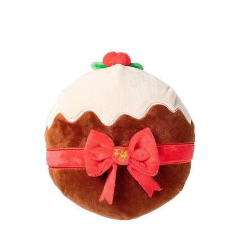 FuzzYard Merry Puddin' – pluche kerst hondenspeeltje in de vorm van een pudding met rode strik en hulstblaadjes