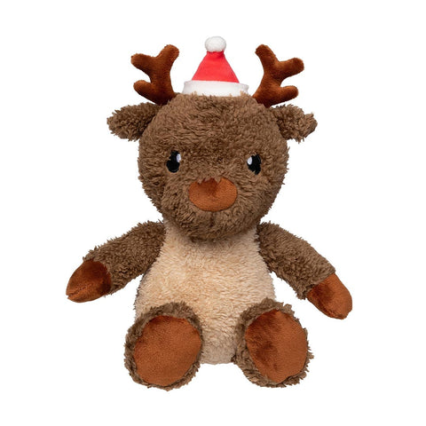 Bruin pluche rendier als hondenspeeltje met kerstmuts, gewei en lichte buik