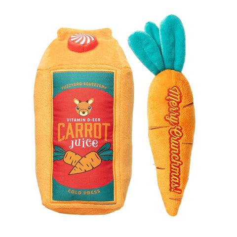 FuzzYard Reindeer Carrot Juice & Carrot kerst hondenspeelgoed – pluche sapverpakking met piepende wortel voor feestelijk speelplezier