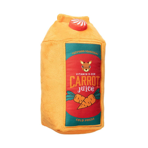 FuzzYard Reindeer Carrot Juice & Carrot pluche hondenspeeltje – oranje sapverpakking met rood dopje en opdruk Vitamin D-eer Carrot Juice