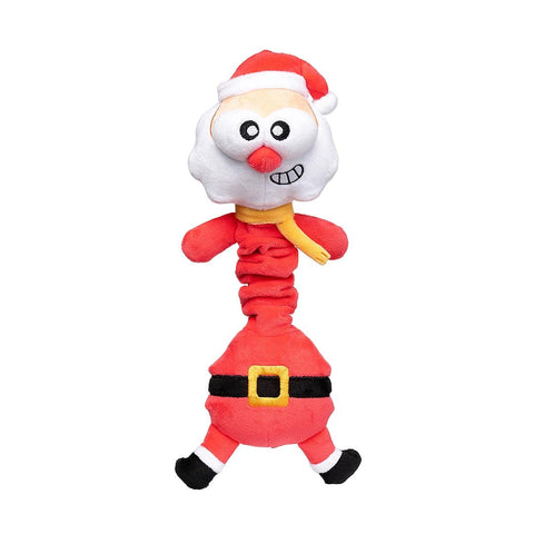 Pluche kerstman als hondenspeeltje met lange geribbelde nek, witte baard en zwarte riem