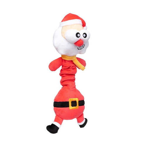 Pluche kerstman als hondenspeeltje schuin van rechts met lange geribbelde nek