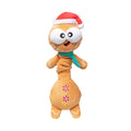 Pluche peperkoekfiguur als hondenspeeltje met lange geribbelde nek, kerstmuts en groene sjaal