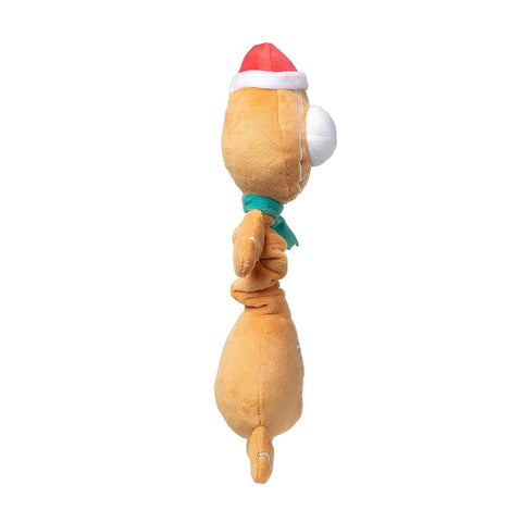 Zijaanzicht van een pluche peperkoekfiguur als hondenspeeltje met lange geribbelde nek